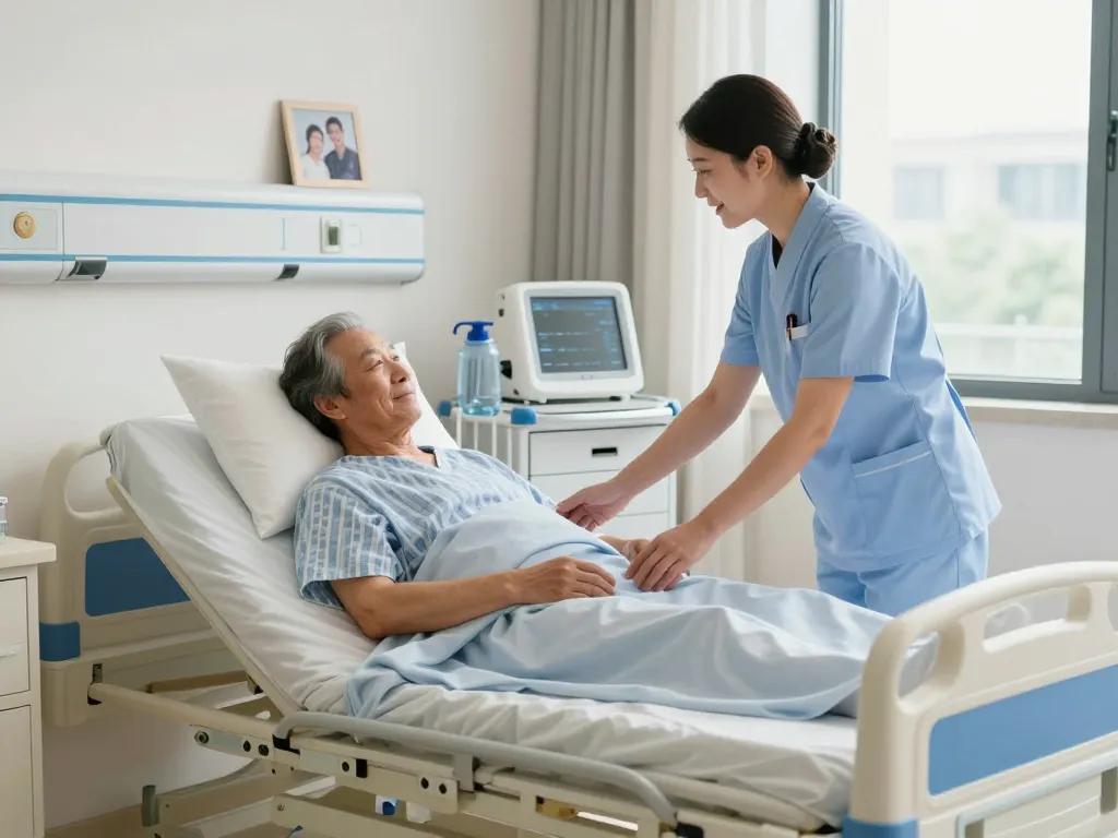 giường bệnh nhân in a supportive healthcare setting with nurse and elderly patient