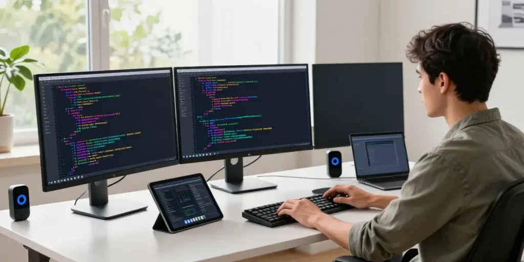 Developer coding on dual monitors with colorful syntax highlighting in a modern workspace.