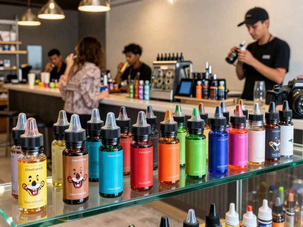 Clown e liquid bottles showcased in a vibrant vape shop, highlighting carnival themes and inviting ambience.