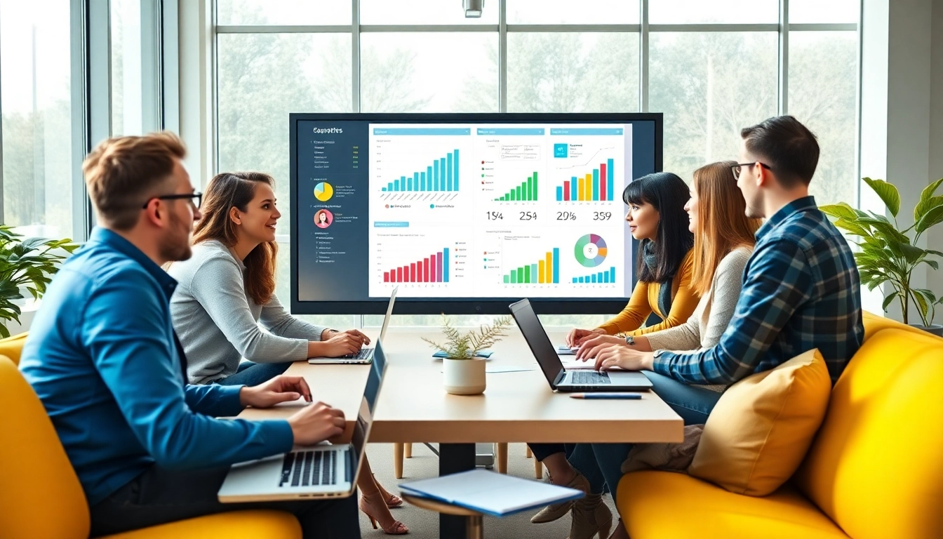 Collaborative team discussing smm services in a vibrant office setting