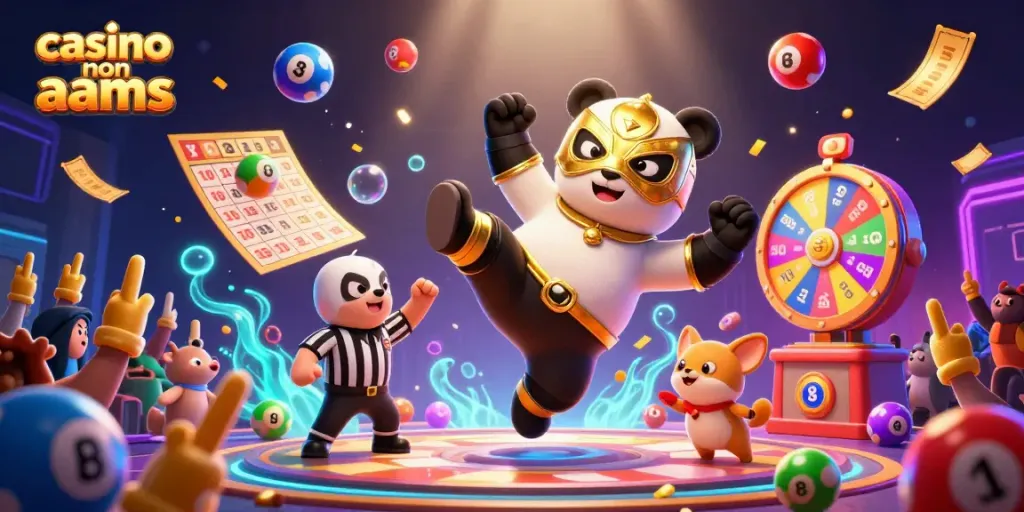 Azioni emozionanti nei casinò non AAMS con panda lottatore e animali spettatori in festa