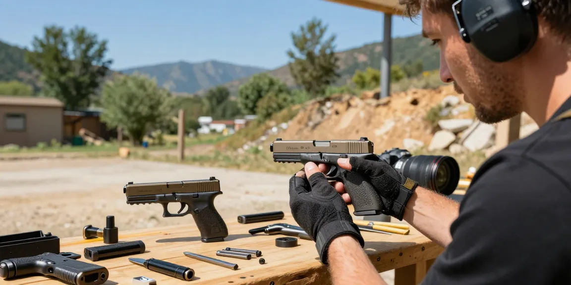 Custom Glock slide examination at an outdoor shooting range on precisionglockslides.com.