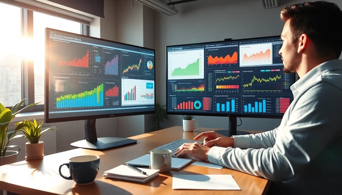 Analyze SEO performance metrics in a modern workspace with vibrant data visualizations.