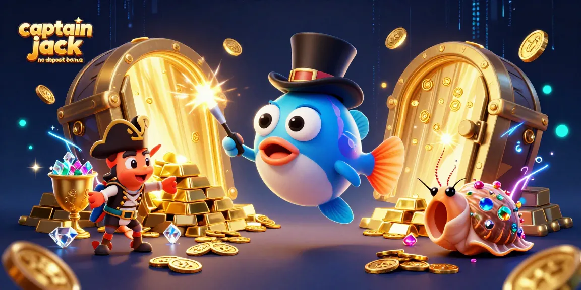 Claim the captain jack no deposit bonus with 3D characters in a vibrant casino setting.