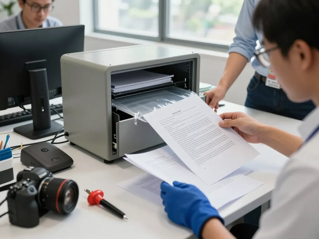 bóc sổ đỏ ép plastic removal demonstration, showcasing safe techniques in a professional office setting.