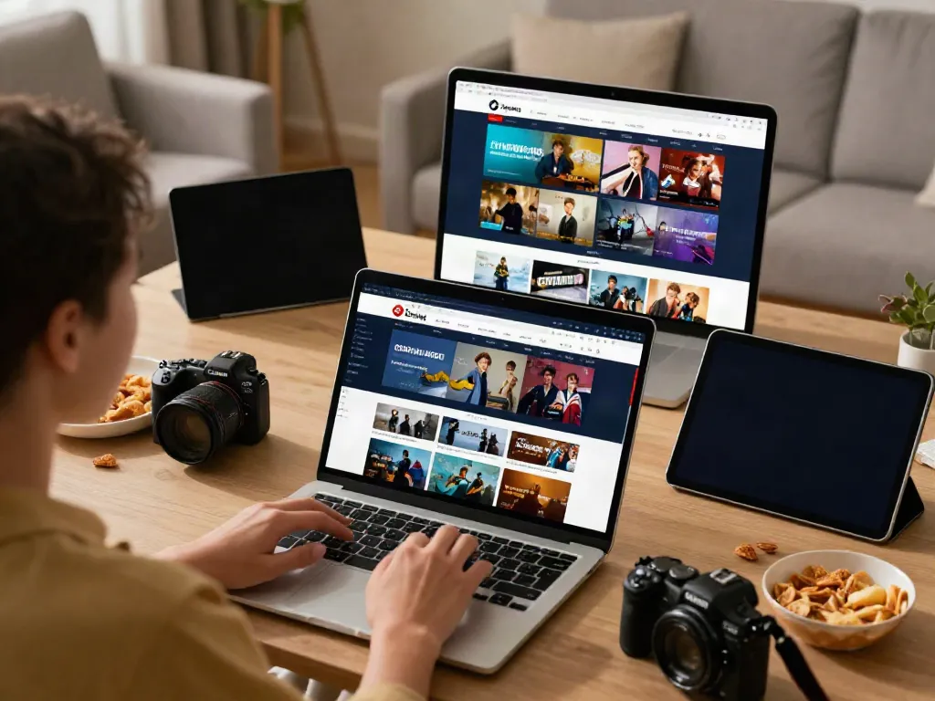User exploring ZoeChip streaming options on a laptop in a cozy living room, surrounded by snacks and devices.