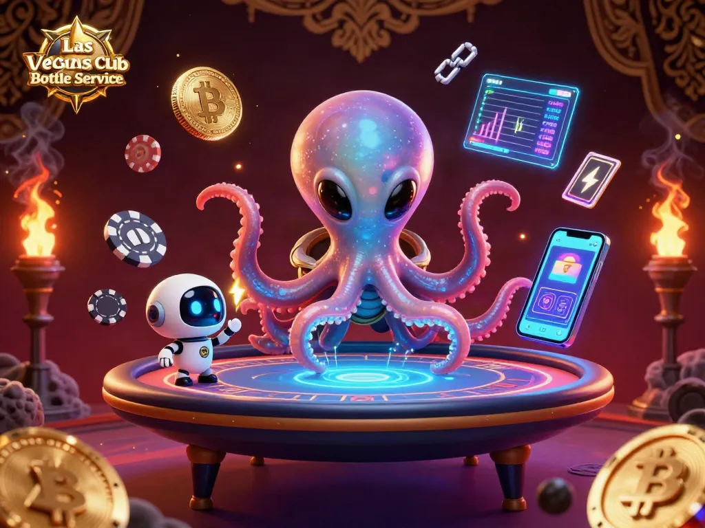 Experience Las Vegas Club Bottle Service with vibrant scenes of alien octopus at a poker table.