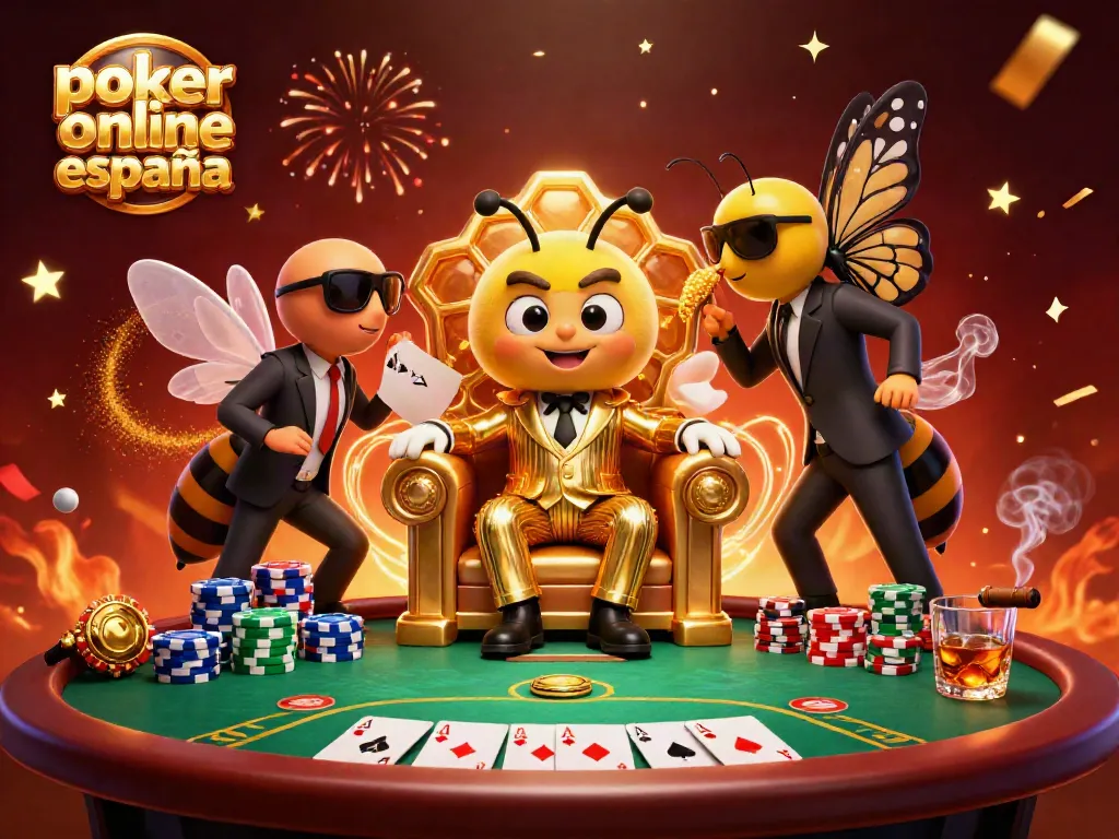 Juega al poker online España con una ilustración 3D de un jefe de la mafia y guardias en un ambiente festivo.