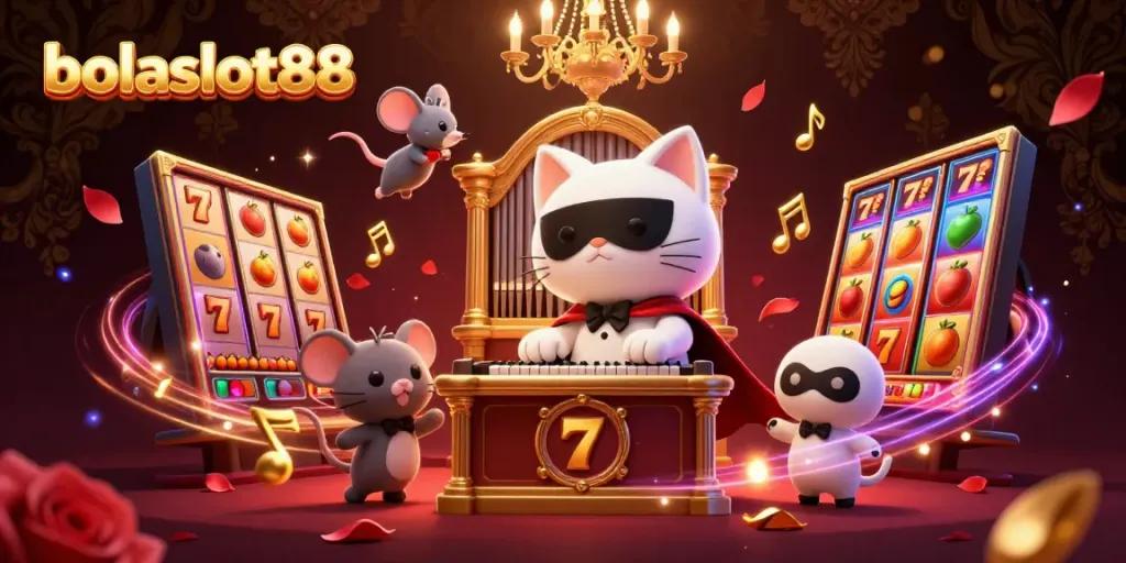 Experience the thrill of bolaslot88 with a whimsical 3D casino scene featuring a phantom cat and slot game elements.