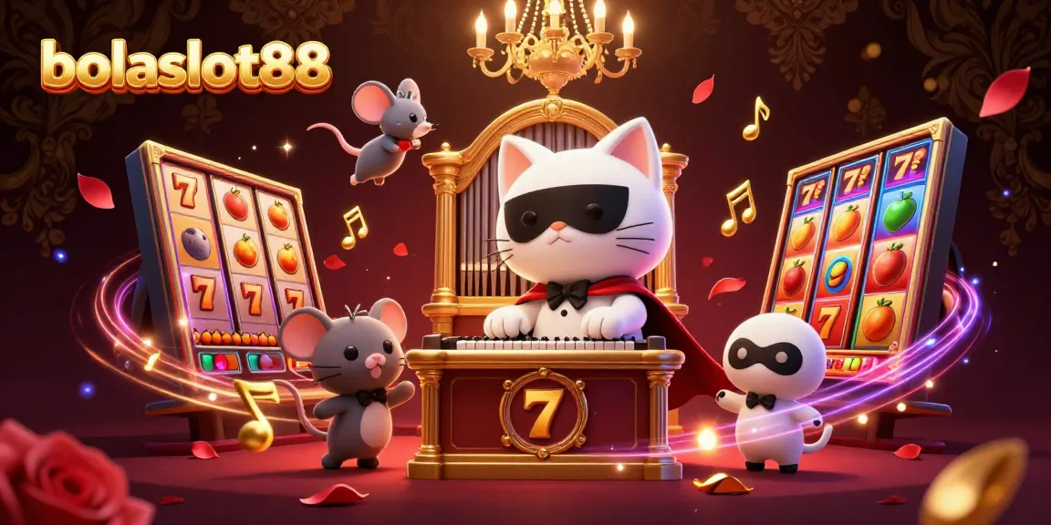 Experience the thrill of bolaslot88 with a whimsical 3D casino scene featuring a phantom cat and slot game elements.