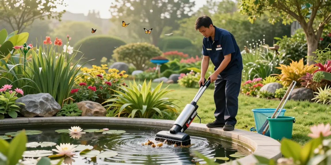 Professional Pond Cleaning Kent in action, pond technician cleaning a garden pond with aquatic plants.