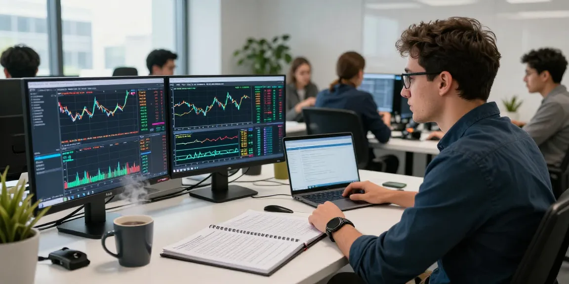 Trader using mt4 for forex analysis in a modern office setup.