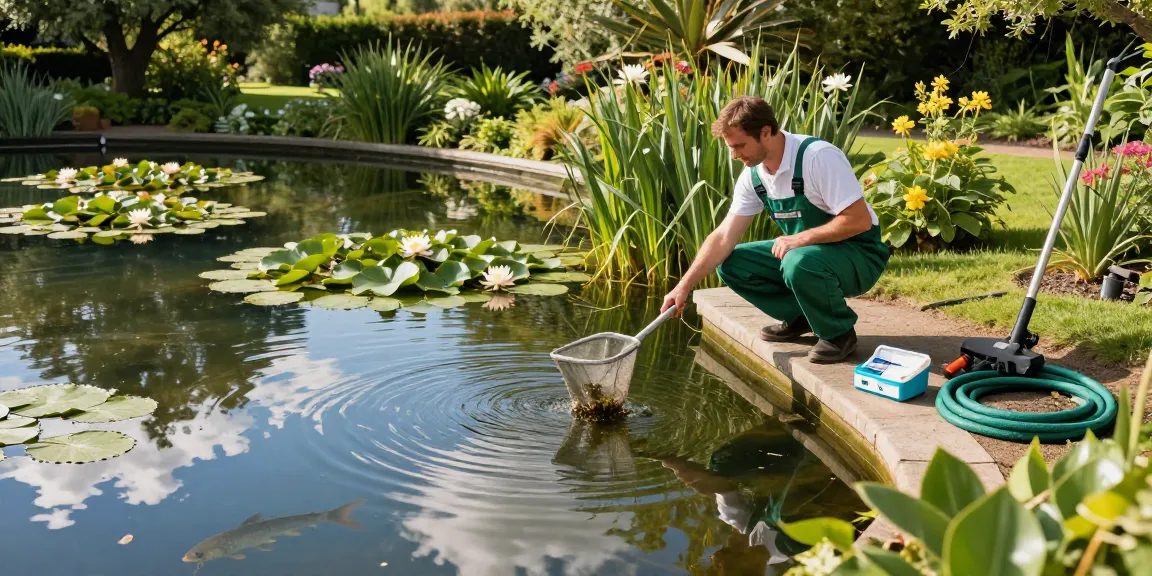 Professional Pond Cleaning Kent service in action by a serene pond, showcasing maintenance and care.