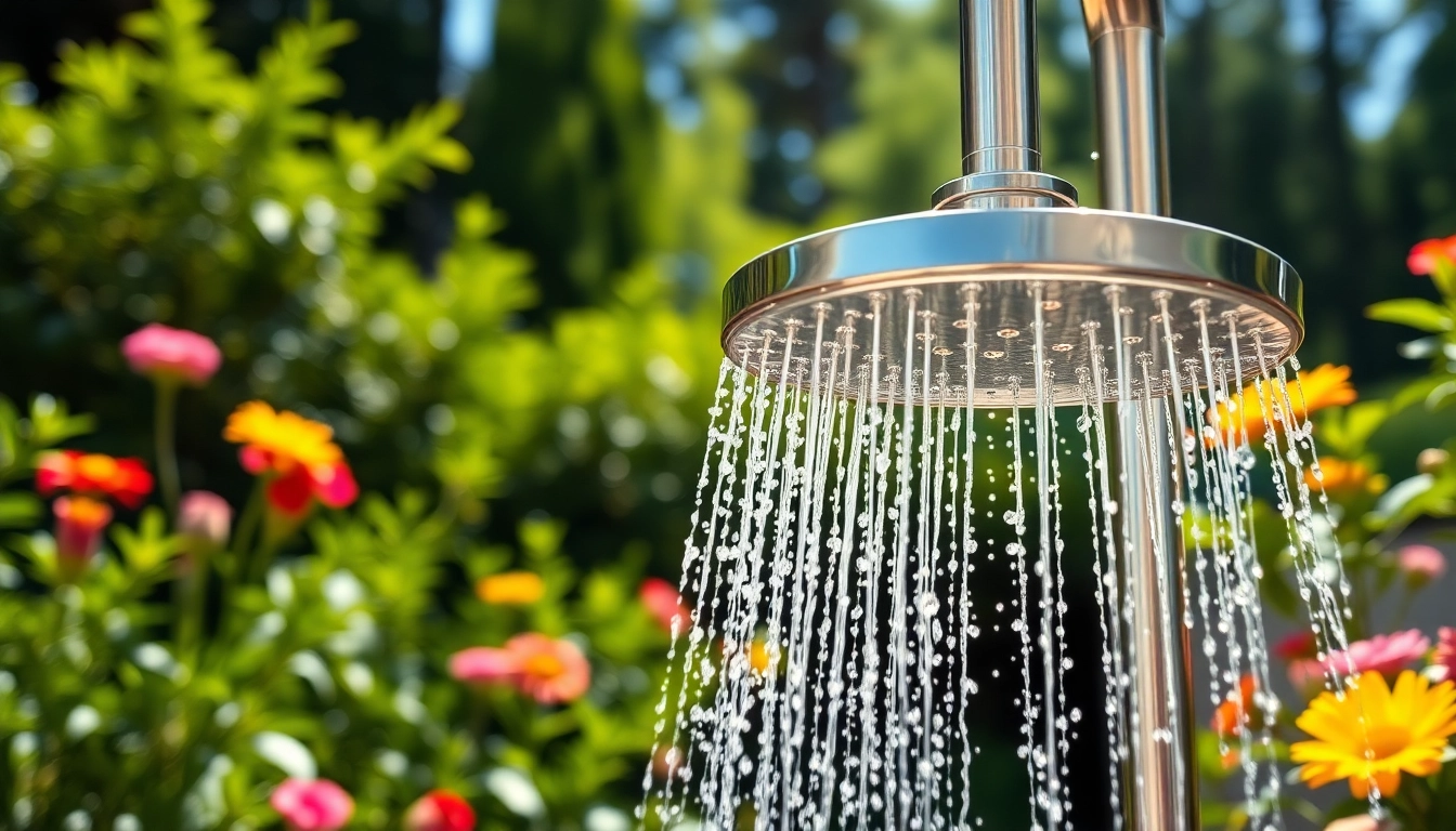 Experience the refreshing sunny shower USA in a serene outdoor setting with vibrant greenery.