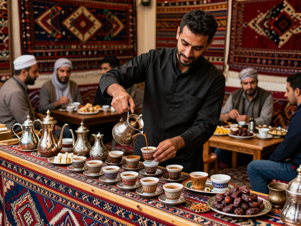 قهوجيين وصبابين يقدمون القهوة العربية في أجواء عمّانية تقليدية.