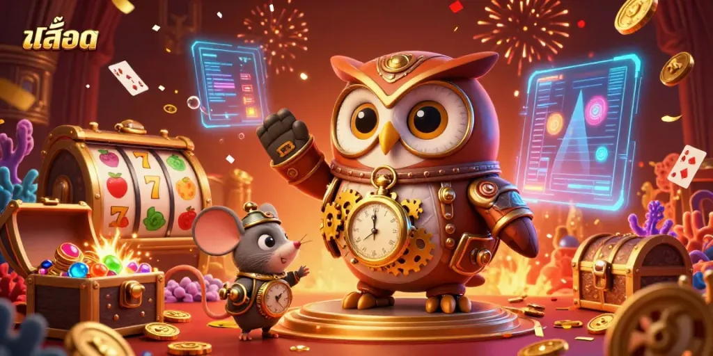 Engage with the dynamic world of สล็อต, featuring a time-traveler owl and casino elements bursting with energy.