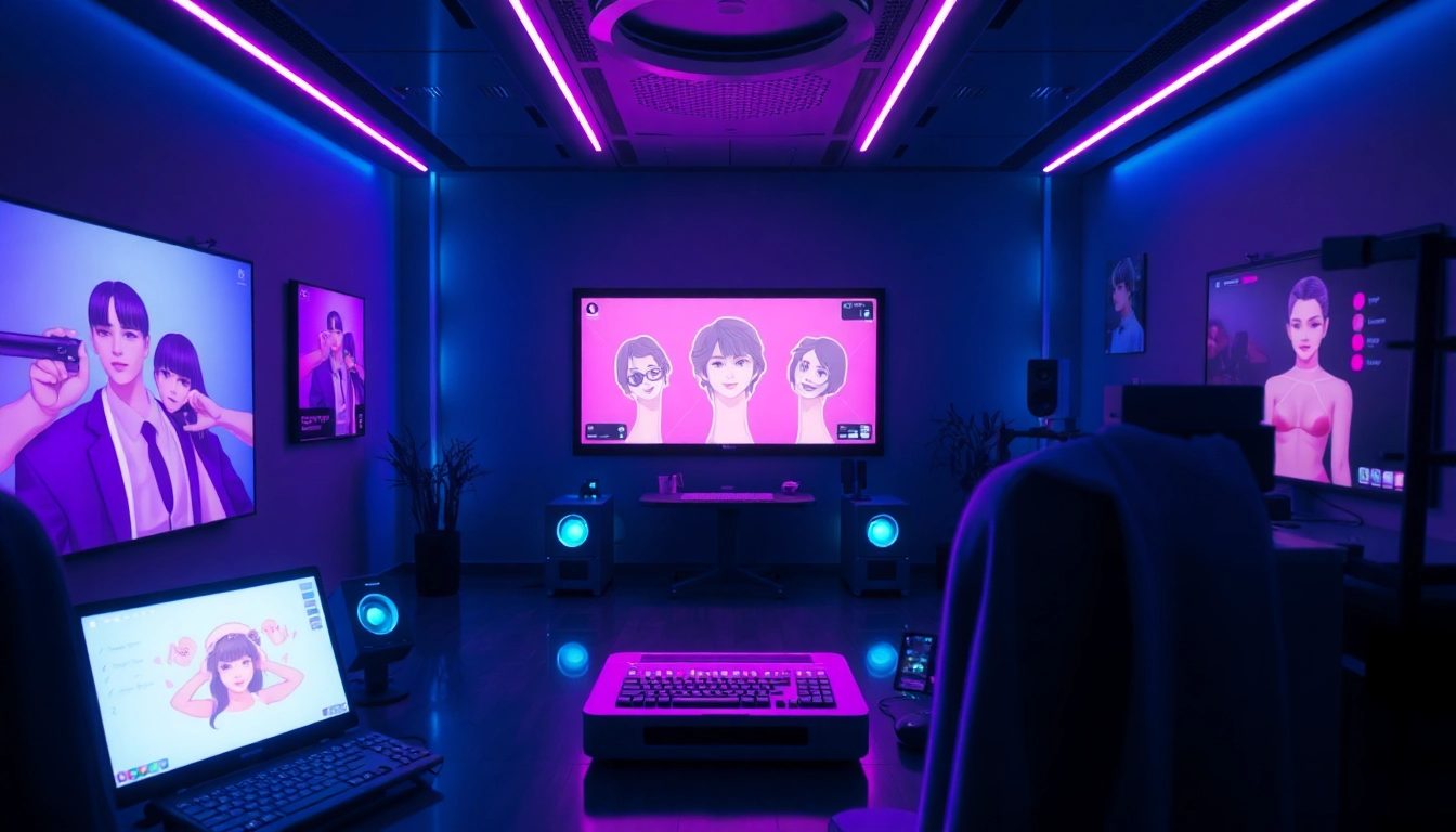 Experience NSFW AI interactions in a futuristic, ambient environment with customizable character avatars.