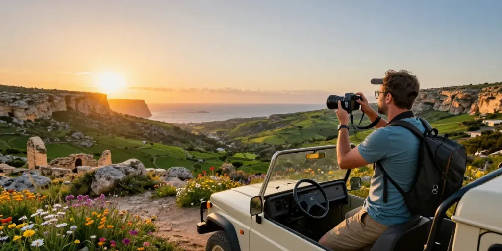 Gozo jeep tour featuring travelers exploring scenic valleys and cliffs with a sunset backdrop.