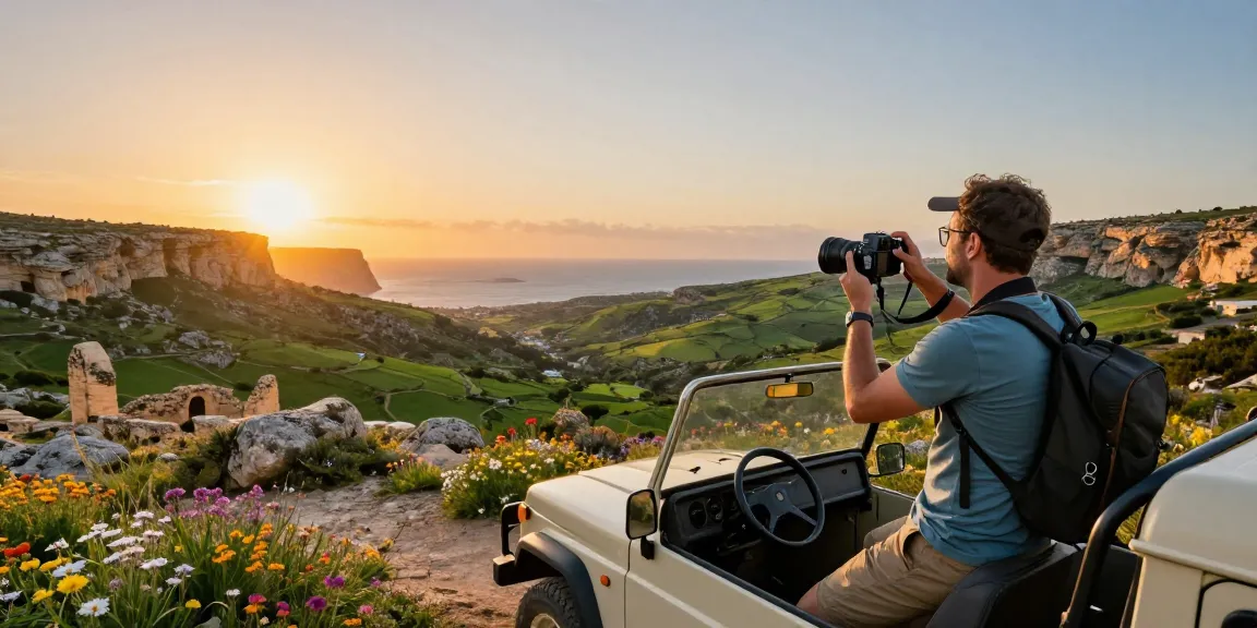 Gozo jeep tour featuring travelers exploring scenic valleys and cliffs with a sunset backdrop.
