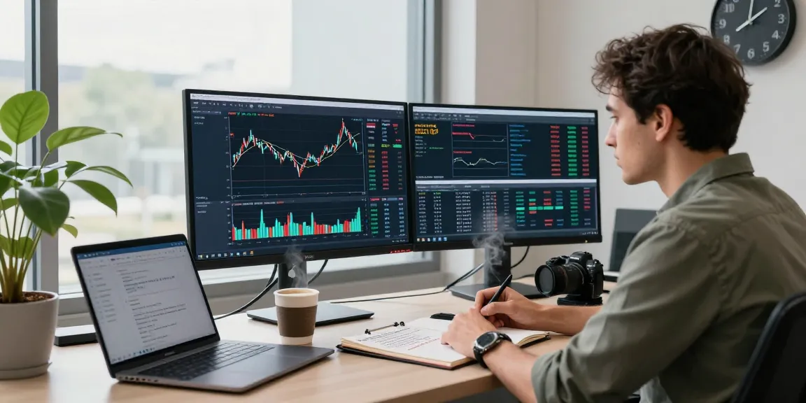 Trader using MetaTrader 5 in modern workspace analyzing market strategies and trades.