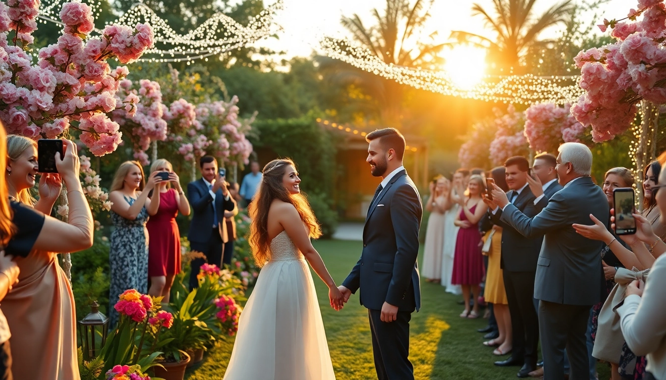 Capture captivating wedding photography of a couple surrounded by joyful guests in a vibrant garden setting.