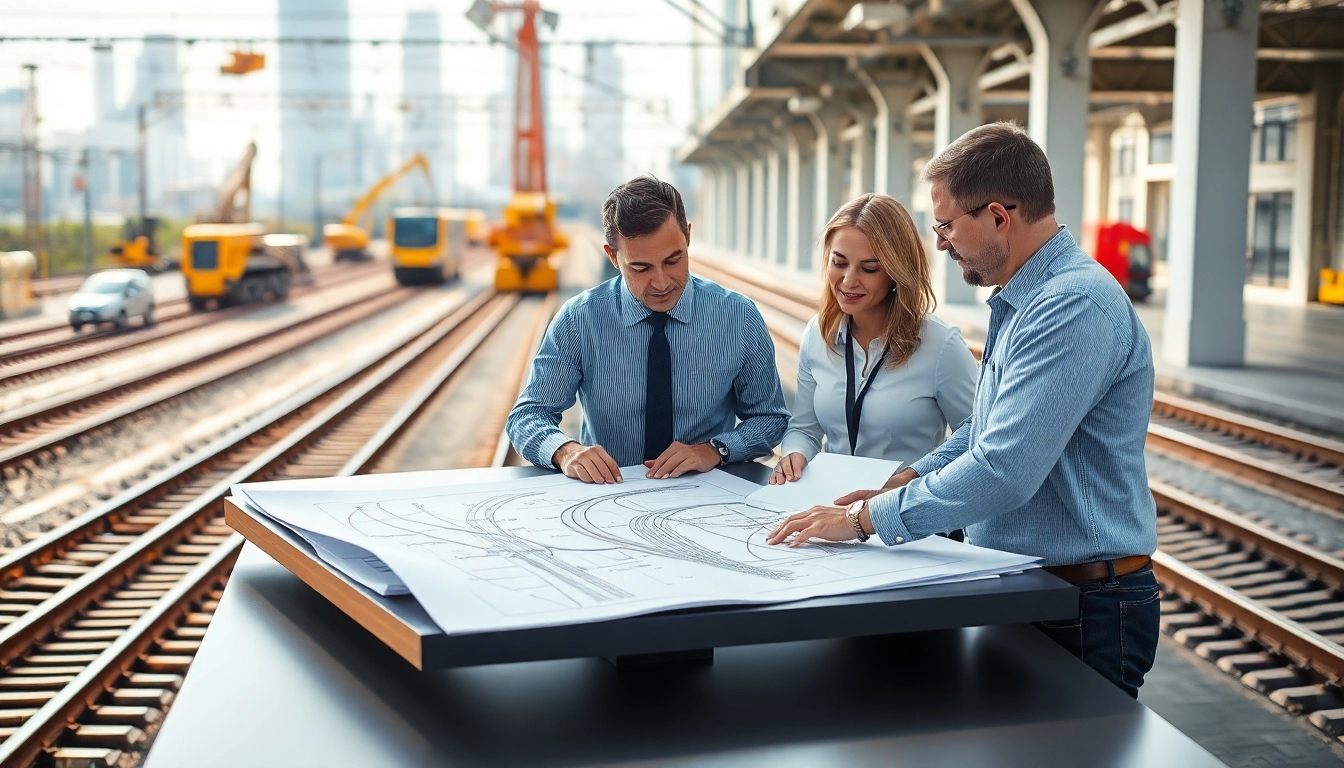 Railroad Design Consultants collaborating on innovative rail projects with blueprints in a professional setting.