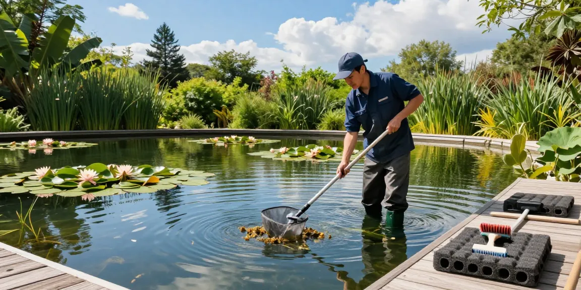 Pond Cleaning Kent expert removing debris from a tranquil pond, surrounded by lush greenery.