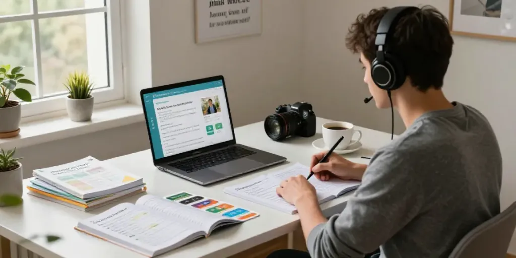 Situs toto online language course in a modern home office with study materials.