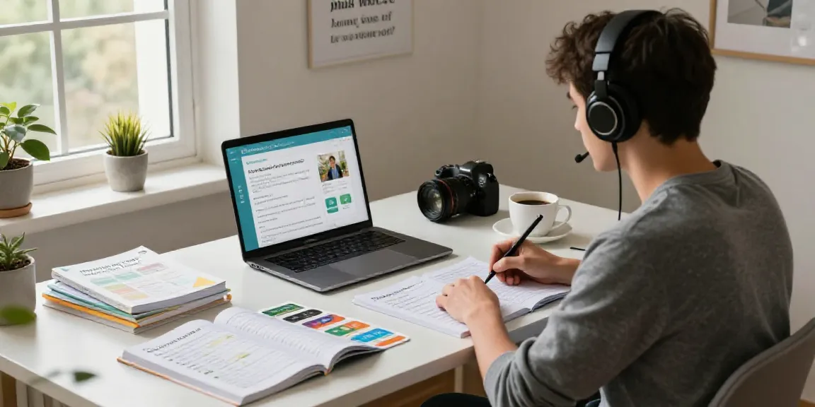 Situs toto online language course in a modern home office with study materials.