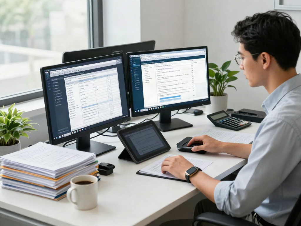 Focused accountant using low-cost professional tax software at a bright office desk.