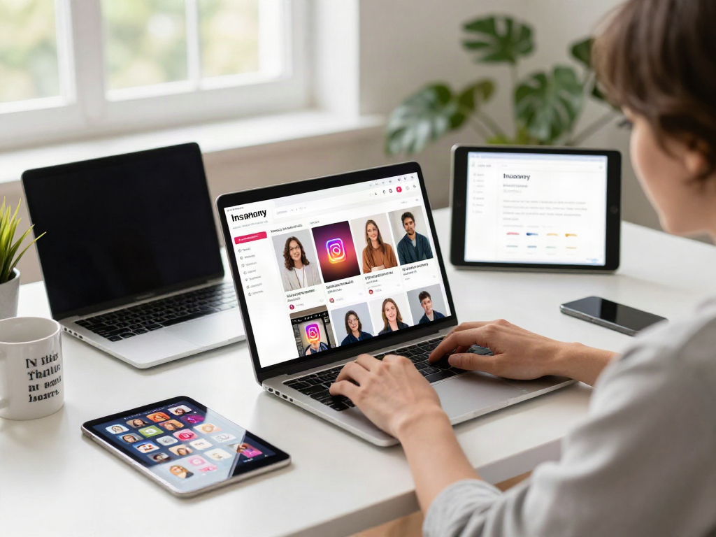 Person using Insanony app on a laptop to view Instagram stories anonymously in a modern workspace.
