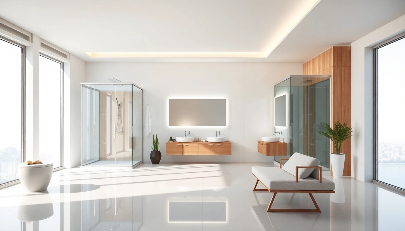 Aménagement de salle de bain élégant et moderne avec sirhona fr, mettant en valeur des cabines de douche et miroirs LED.