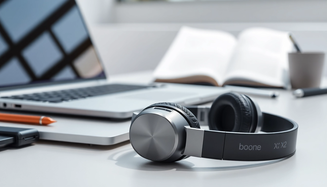 Showcase the Bone X2 Bone Conduction Headphones on a sleek workspace emphasizing their stylish design.