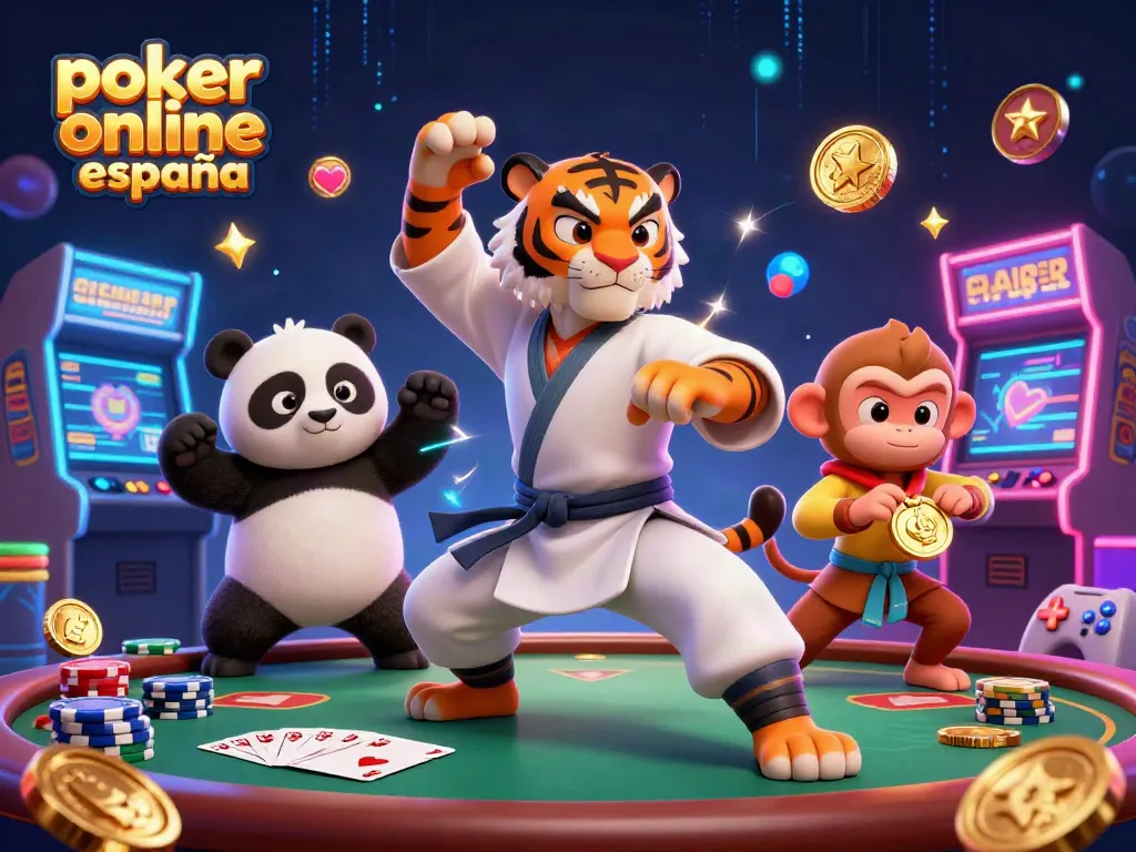 Juega al póker online en España con una divertida escena de un maestro tigre, panda y mono en un casino.