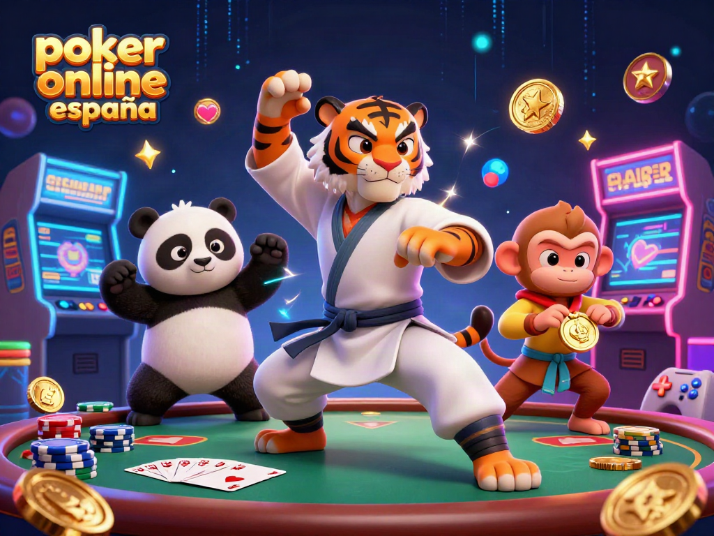 Juega al póker online en España con una divertida escena de un maestro tigre, panda y mono en un casino.