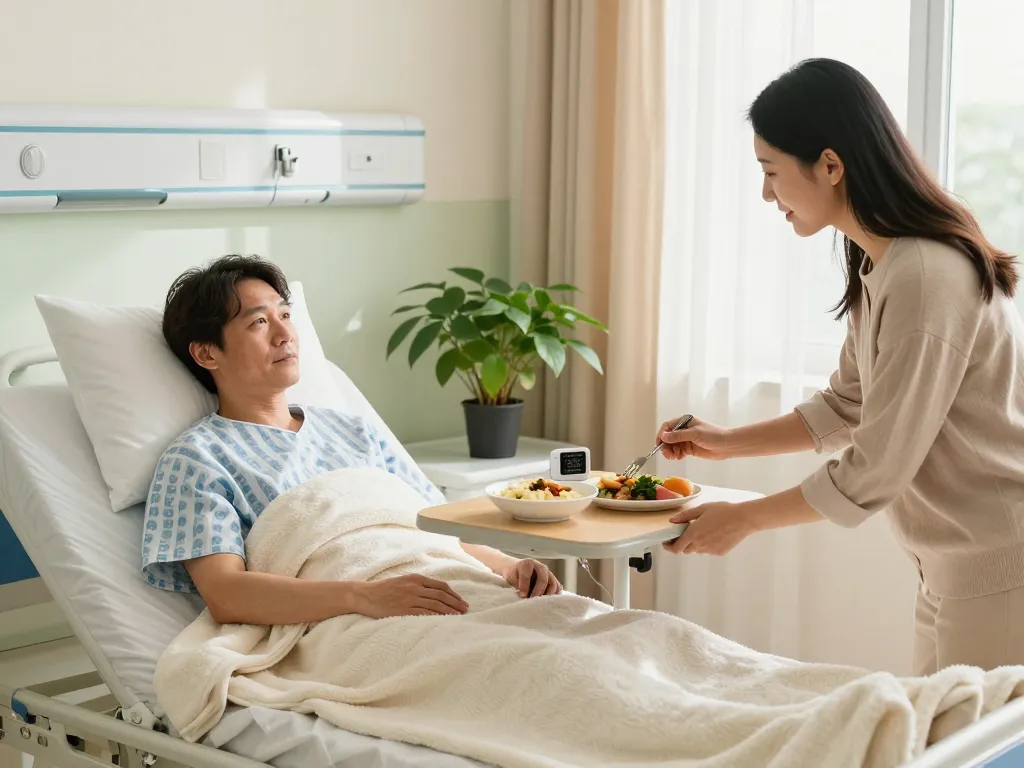 Patient resting on a giường bệnh nhân in a well-lit hospital room, with caring family member and supportive healthcare elements.