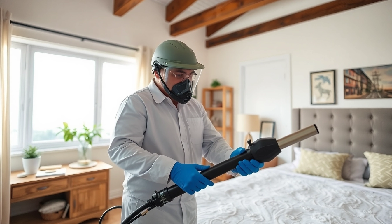 Technician applying affordable bed bug control methods in a residential setting.