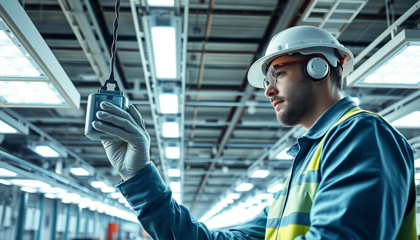 Performing lighting maintenance in an industrial setting with a professional technician.