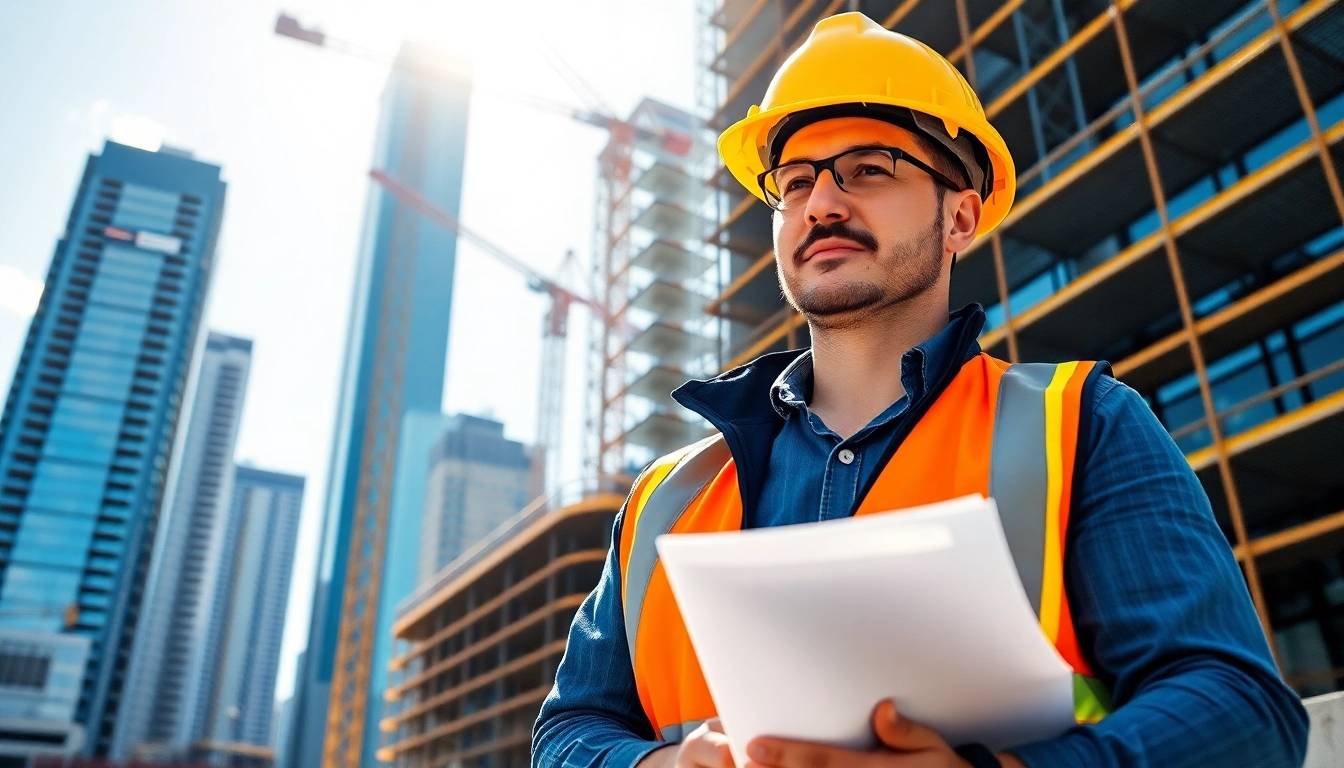 Manhattan Construction Manager overseeing a high-rise project with blueprints and cranes.