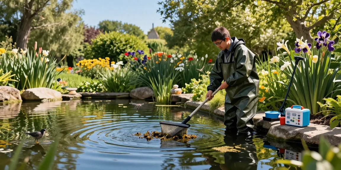 Pond Cleaning Kent professional removing debris from a tranquil pond surrounded by greenery.