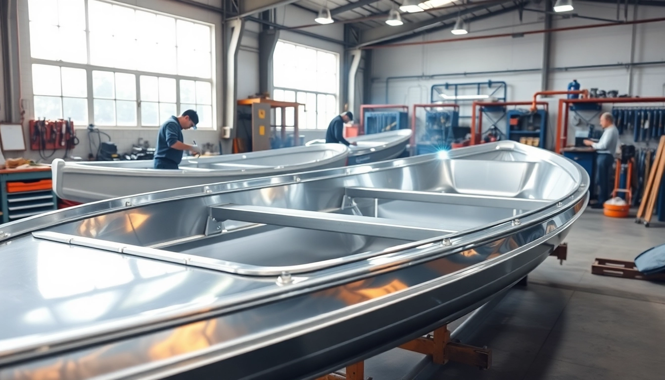 Craftsmen assembling aluminum boats at fab tech Industries inc workshop with focused energy.