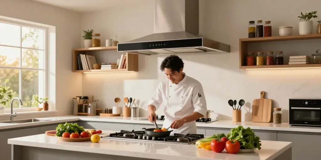 Stylish island cooker extractor hood above a kitchen island with fresh ingredients.