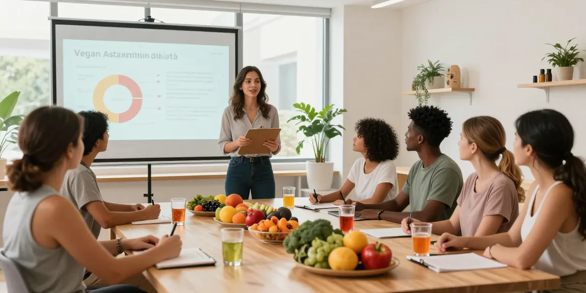 Engaging workshop on vegan astaxanthin benefits with diverse participants and colorful superfoods.