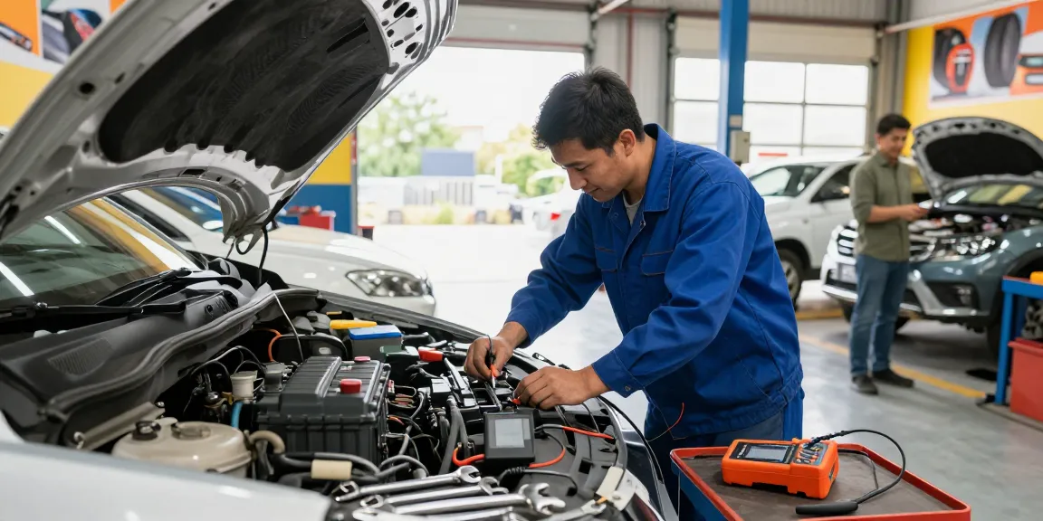 Expert technician providing car battery replacement near me at a busy garage, showcasing tools and customer interactions.