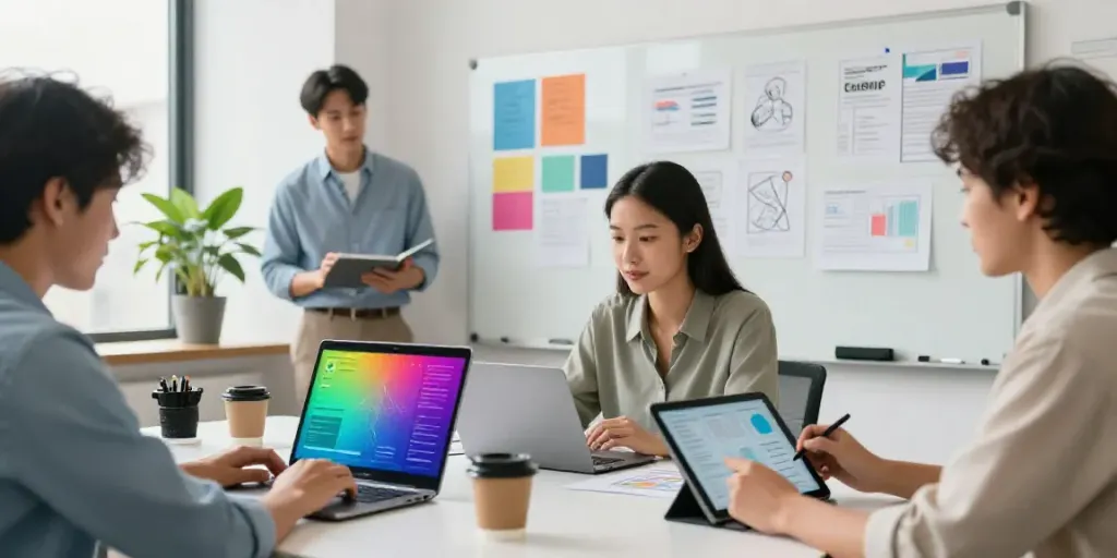 Engaging workspace showcasing a team using an online AI ad image generator for digital marketing.