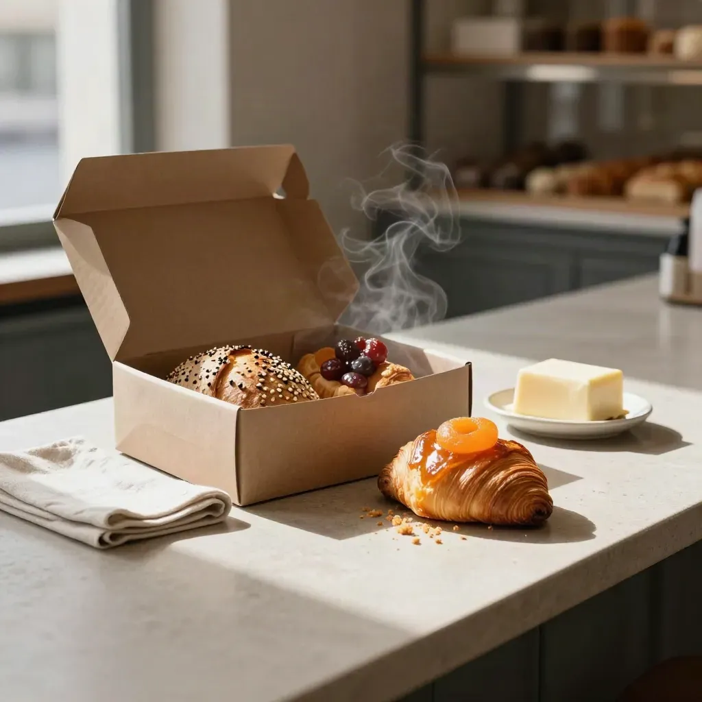 Open breakfast box with loaf, pastries and sweet bites on a stone counter in soft morning light.