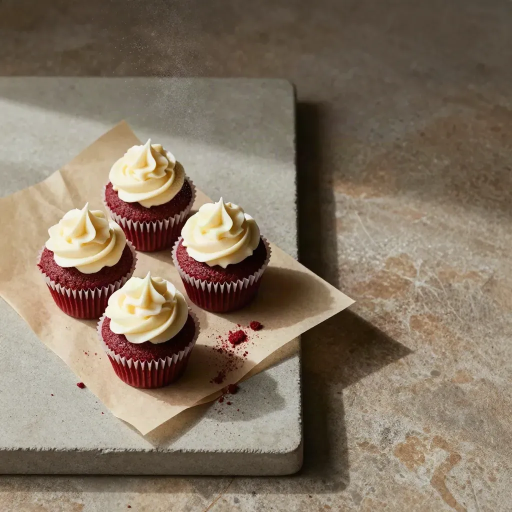 Three red velvet cupcakes with cream cheese frosting on parchment over pale stone, overhead flatlay.