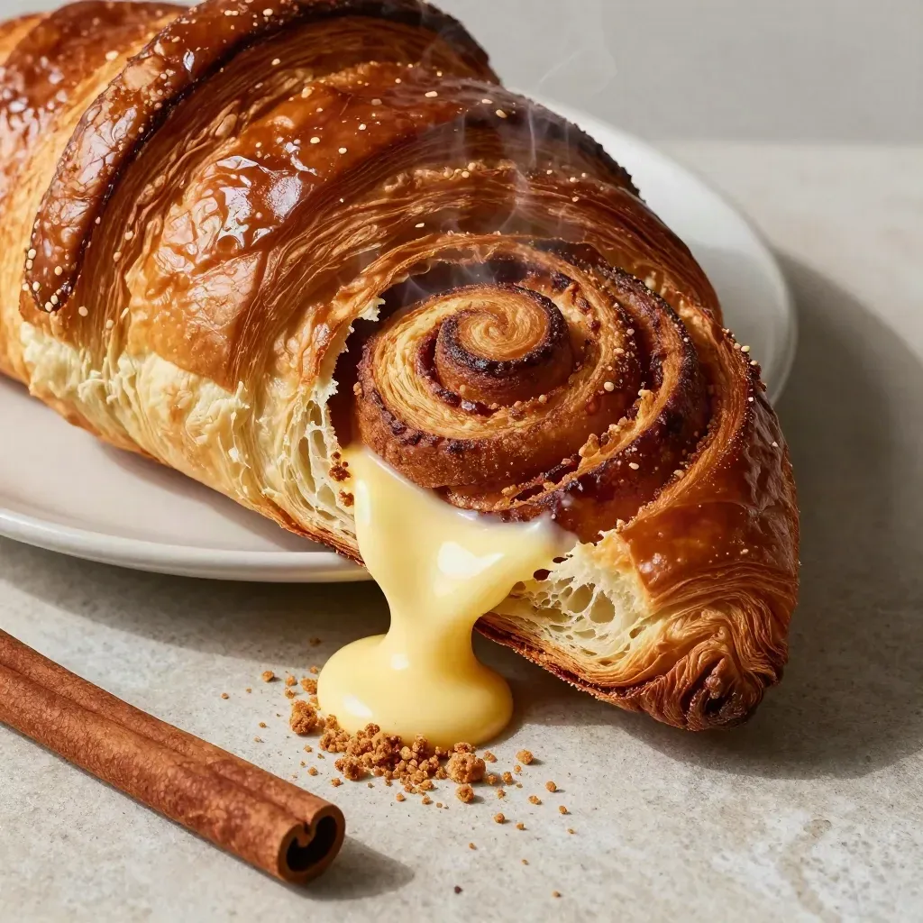 Macro cinnamon swirl loaf with butter, plate and cinnamon stick on pale stone.