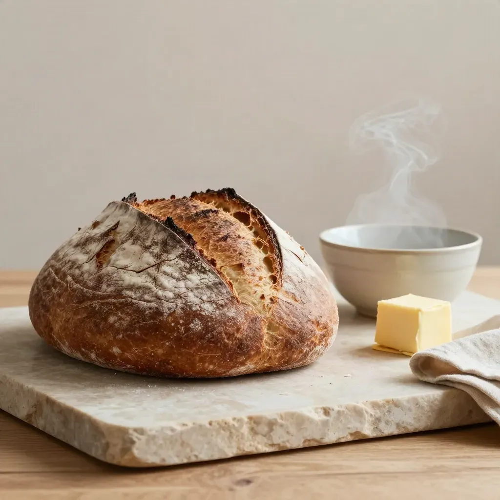 Sourdough loaf with butter crock, soup bowl and linen on a pale stone slab.