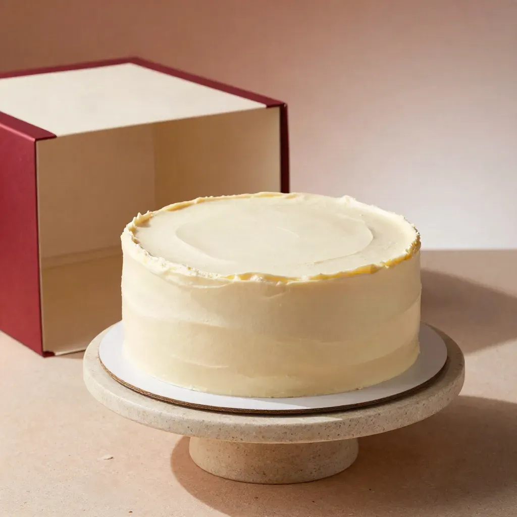 Custom celebration cake on a stone stand beside an open box, with a subtle berry-red ribbon accent.